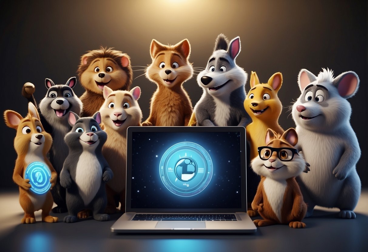 A group of diverse cartoon animals gather around a computer screen, excitedly discussing and researching upcoming meme coins