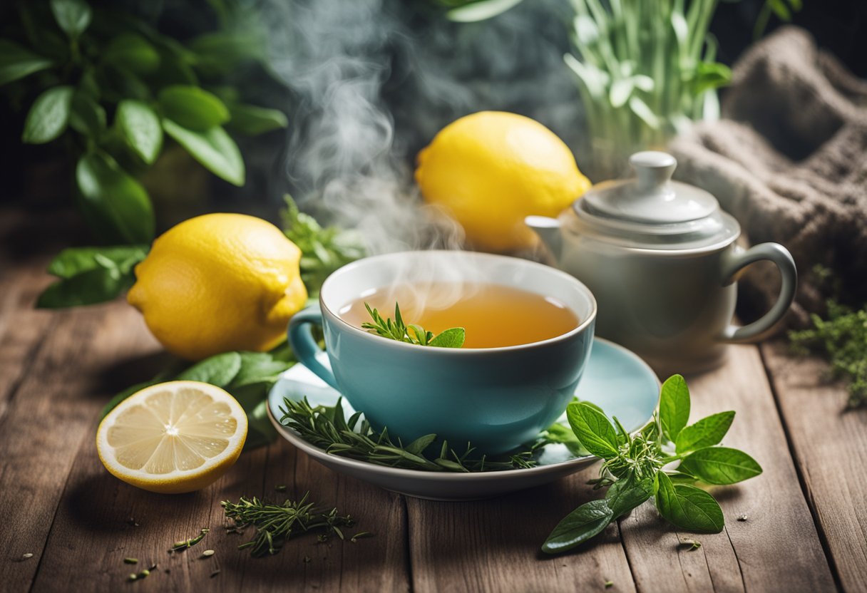 A steaming cup of bloating tea detox sits on a wooden table, surrounded by fresh herbs and a slice of lemon