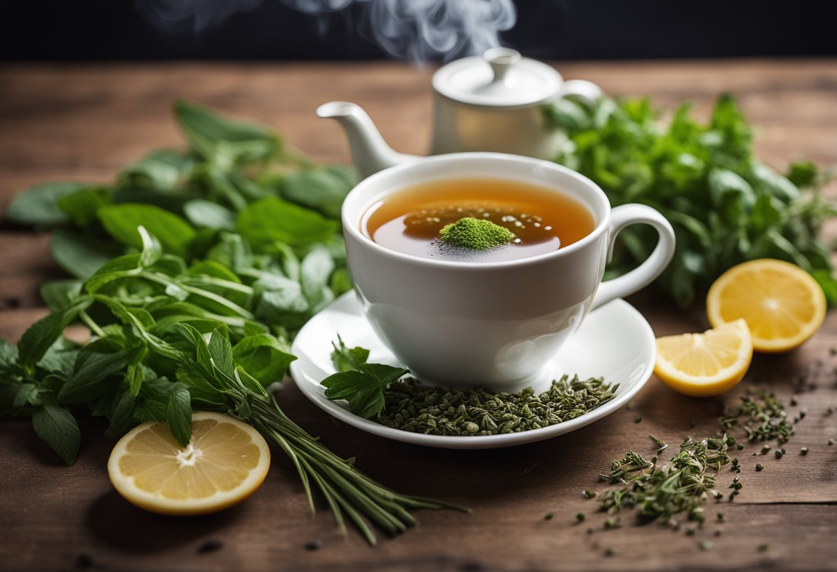 A steaming cup of bloating tea detox surrounded by fresh herbs and ingredients on a wooden table