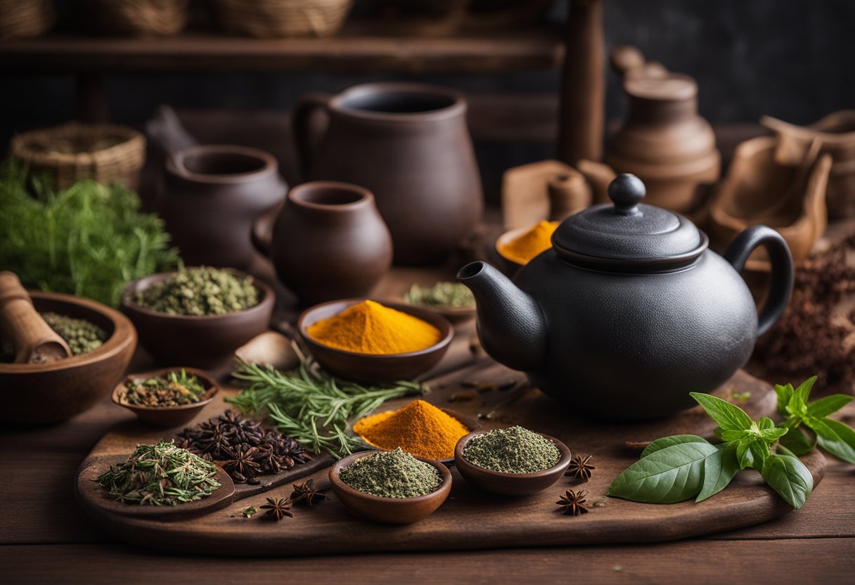 A table with assorted herbs, spices, and tea leaves arranged neatly, alongside a mortar and pestle for grinding. A steaming teapot and a cup complete the scene