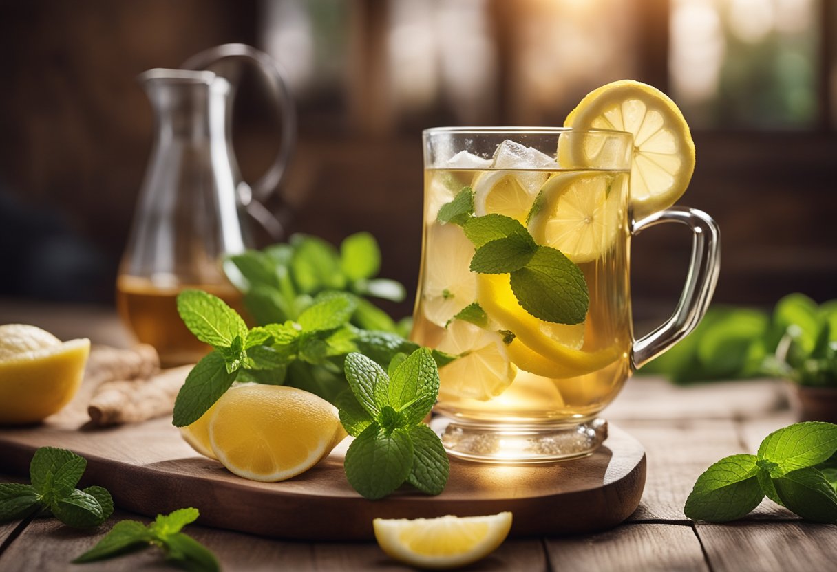 A clear glass mug with bloating detox tea, surrounded by fresh ginger, lemon, and mint leaves on a wooden table