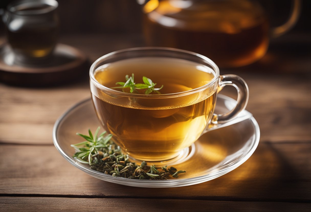 A clear tea cup sits on a wooden table, steam rising from a warm, soothing brew. A few bloating-relief herbs float in the amber liquid