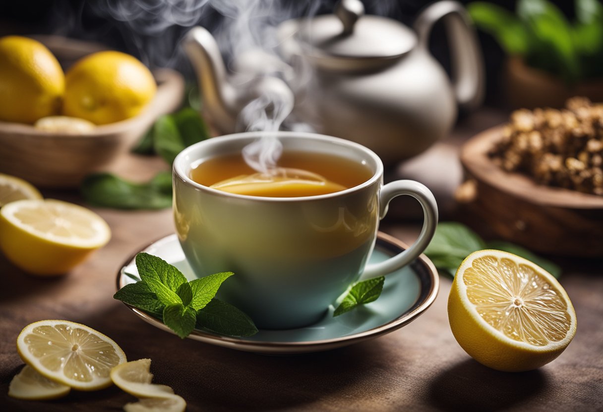 A steaming cup of detox tea surrounded by bloating relief ingredients like ginger, peppermint, and lemon