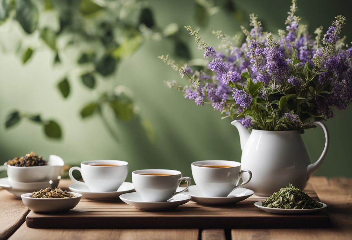 A table set with a teapot, cups, and a variety of herbal teas. A calendar on the wall shows 28 days