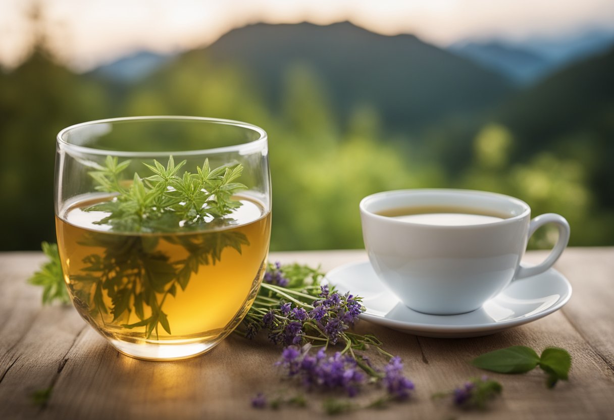 A serene, natural setting with a teacup and herbal ingredients, symbolizing the 28-day detox process