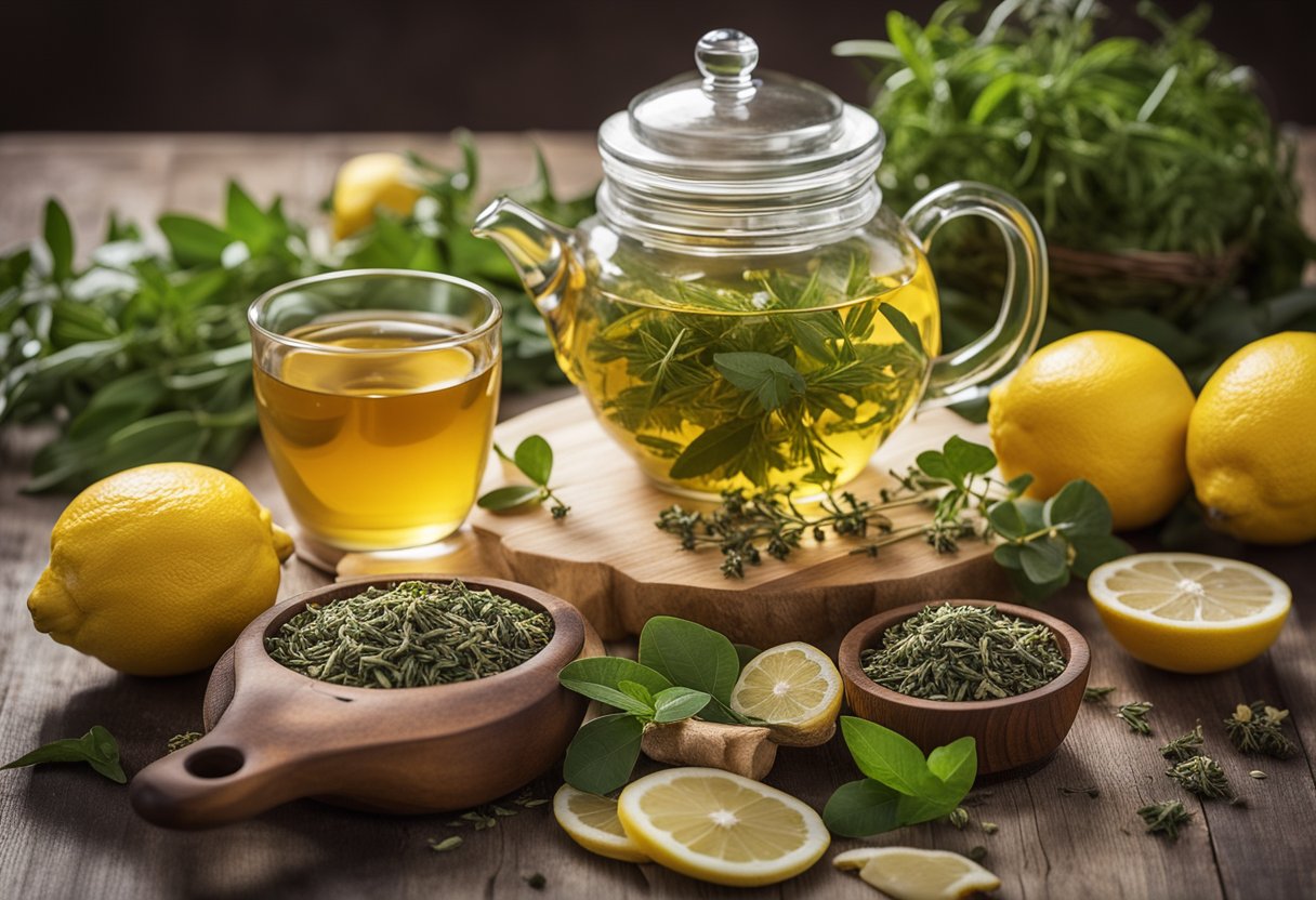 A table displays various herbs and ingredients, including dandelion, ginger, and green tea. A teapot and cup sit nearby, surrounded by fresh lemons and a jar of honey