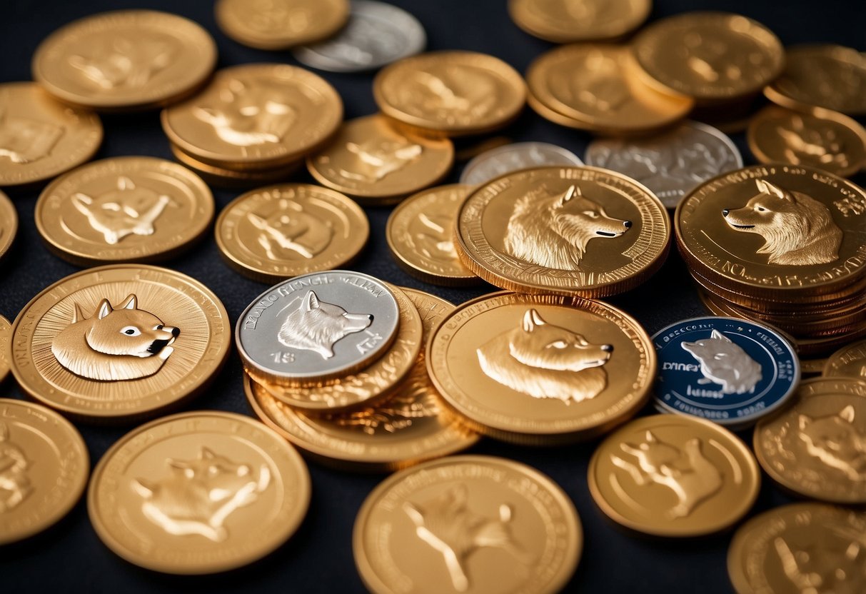 A group of meme coins, including Dogecoin and Shiba Inu, fluctuate in value on the Coinbase exchange platform, with price charts and trading volume displayed in the background