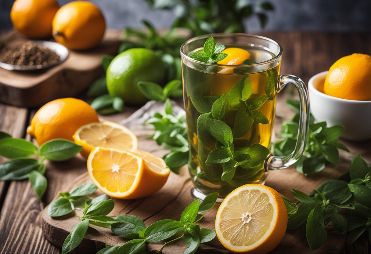 A steaming cup of detox fit tea sits on a rustic wooden table, surrounded by fresh green herbs and vibrant citrus fruits