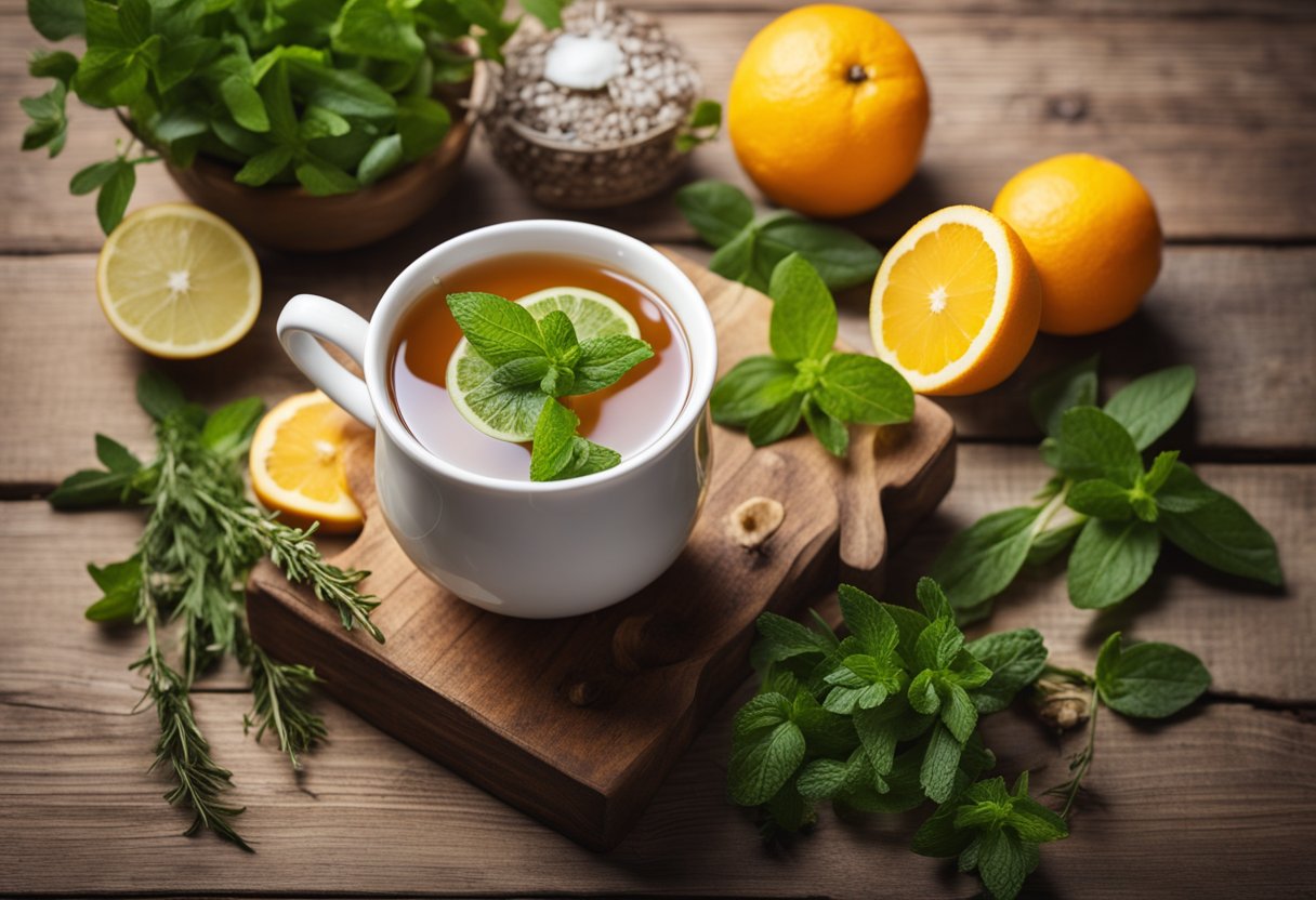 A steaming cup of detox fit tea surrounded by fresh herbs and fruits on a rustic wooden table