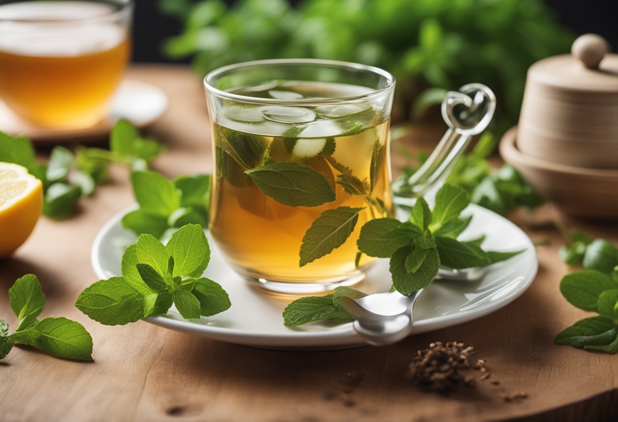 A cup of detox tea surrounded by fresh herbs and fruits, with a measuring tape nearby