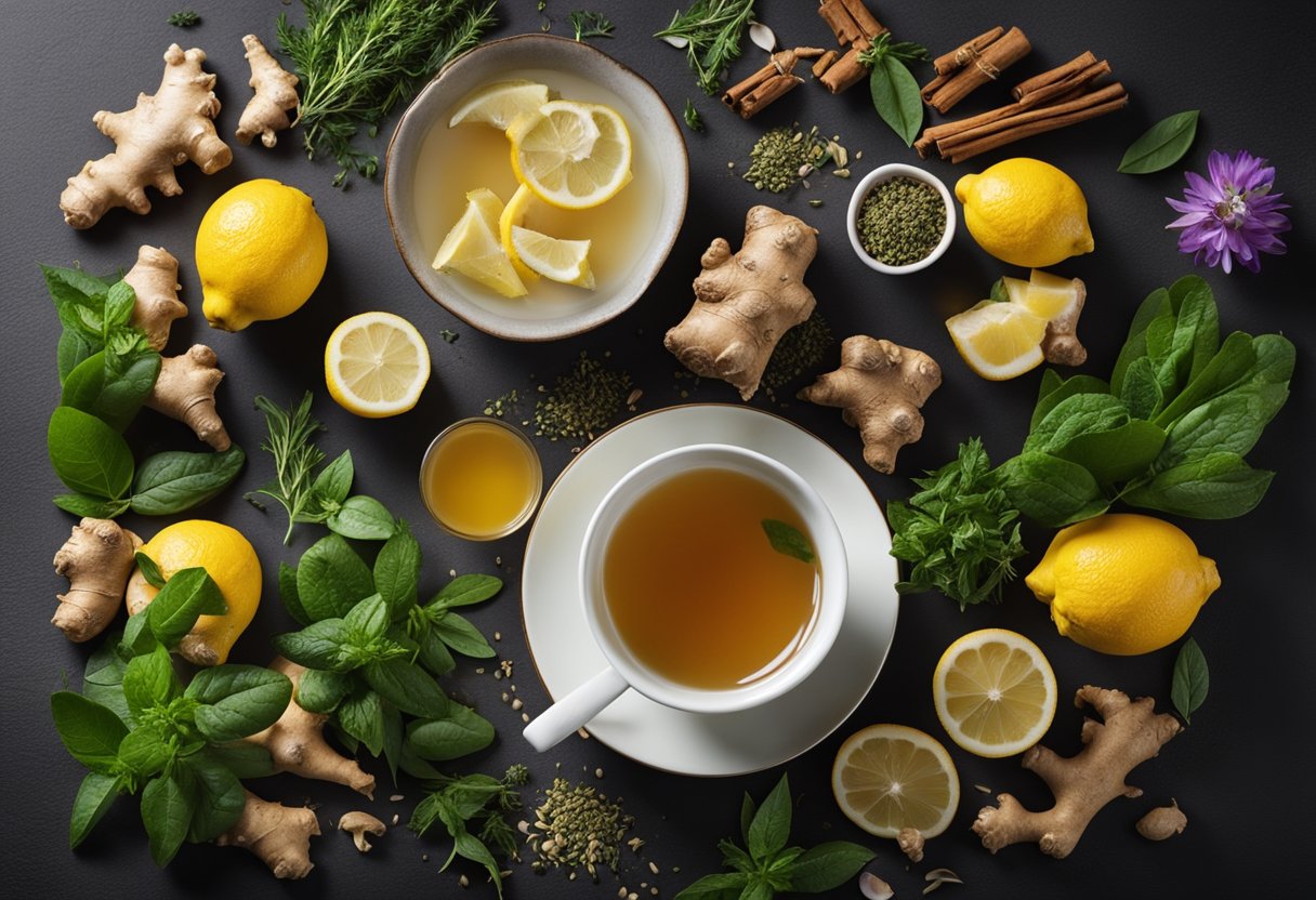 A steaming cup of detox fit tea surrounded by vibrant, fresh ingredients like ginger, lemon, and herbs. A sense of rejuvenation and vitality emanates from the scene