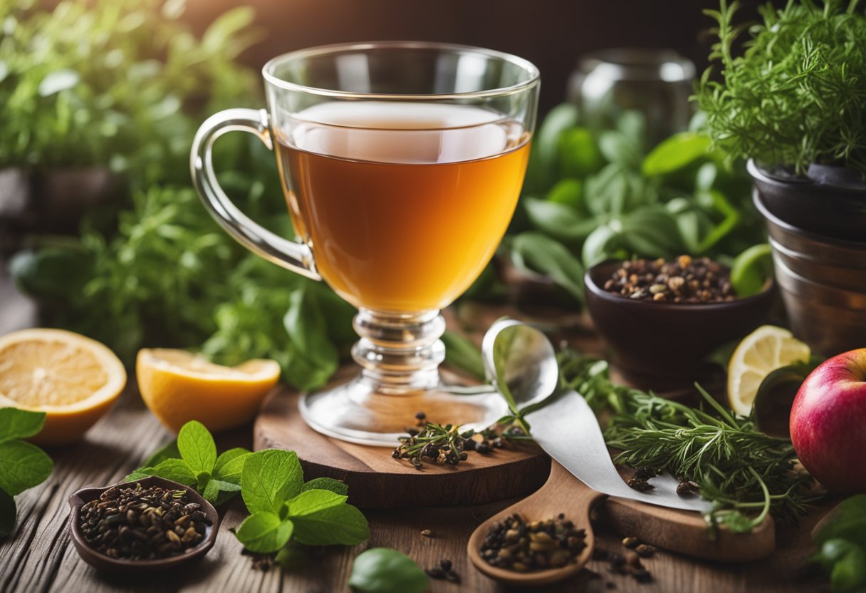 A steaming cup of detox tea surrounded by fresh herbs and fruits, with a tape measure nearby