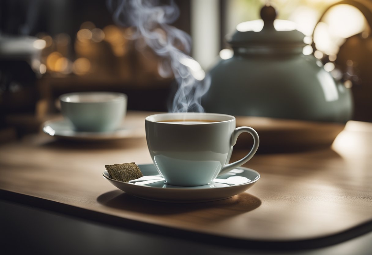 A table with a cup of Detox Fit Tea, a tea bag, and a kettle steaming