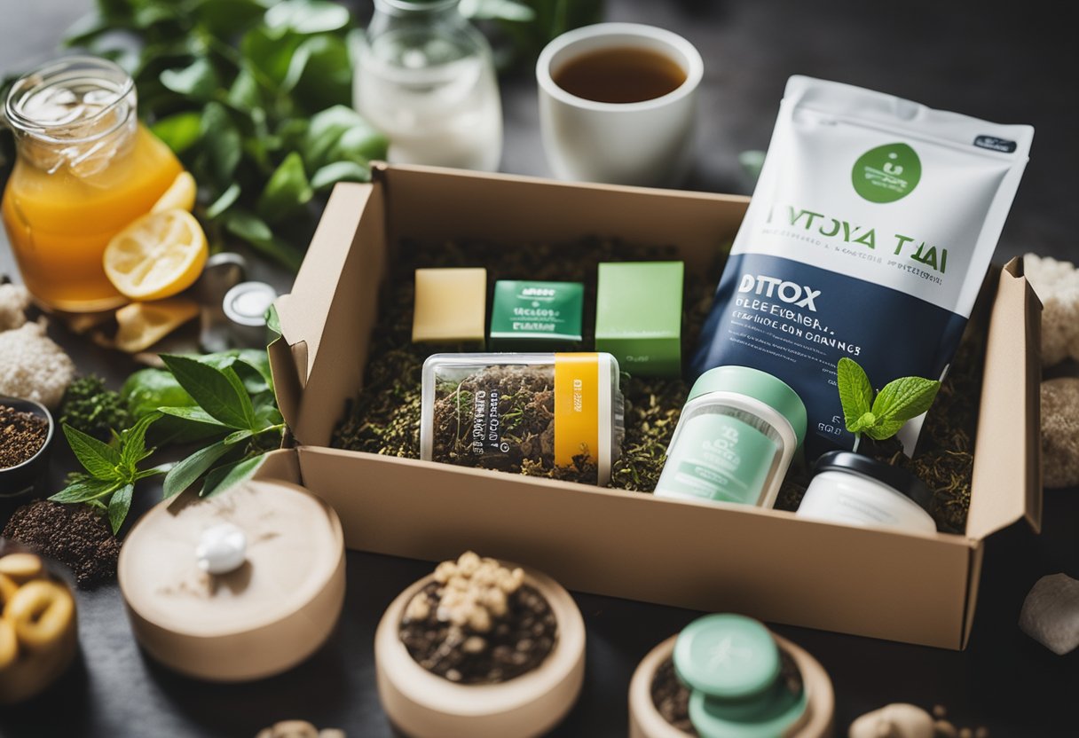 Detox tea box surrounded by various weight loss products