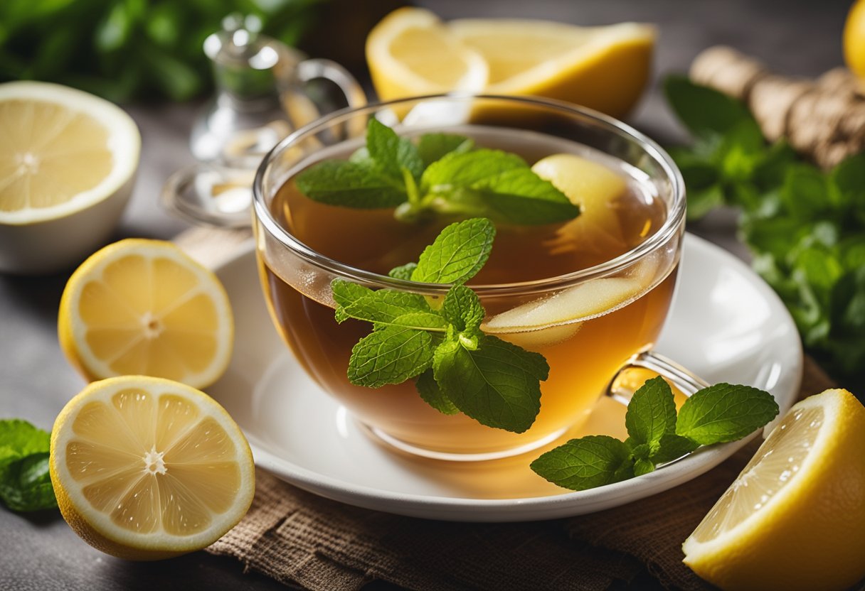 A steaming cup of detox tea surrounded by fresh, vibrant ingredients such as lemons, ginger, and mint. The scene exudes a sense of health and wellness