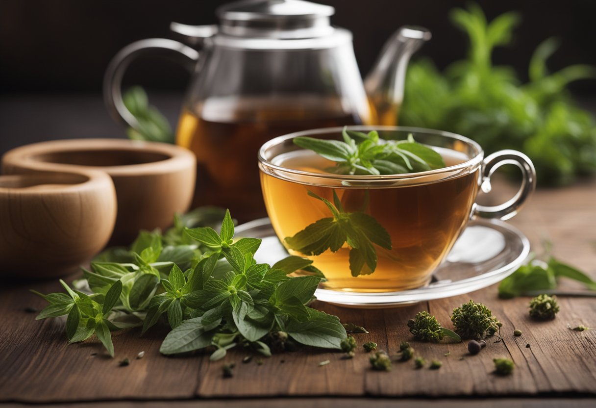 A steaming cup of herbal tea sits on a wooden table next to a pile of fresh herbs and a tea infuser