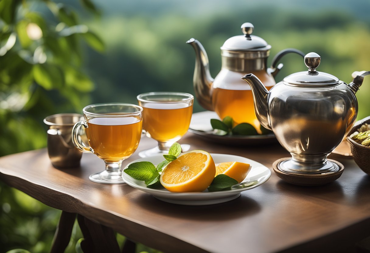 A table set with various types of tea, fresh fruits, and a teapot surrounded by a serene and calming atmosphere