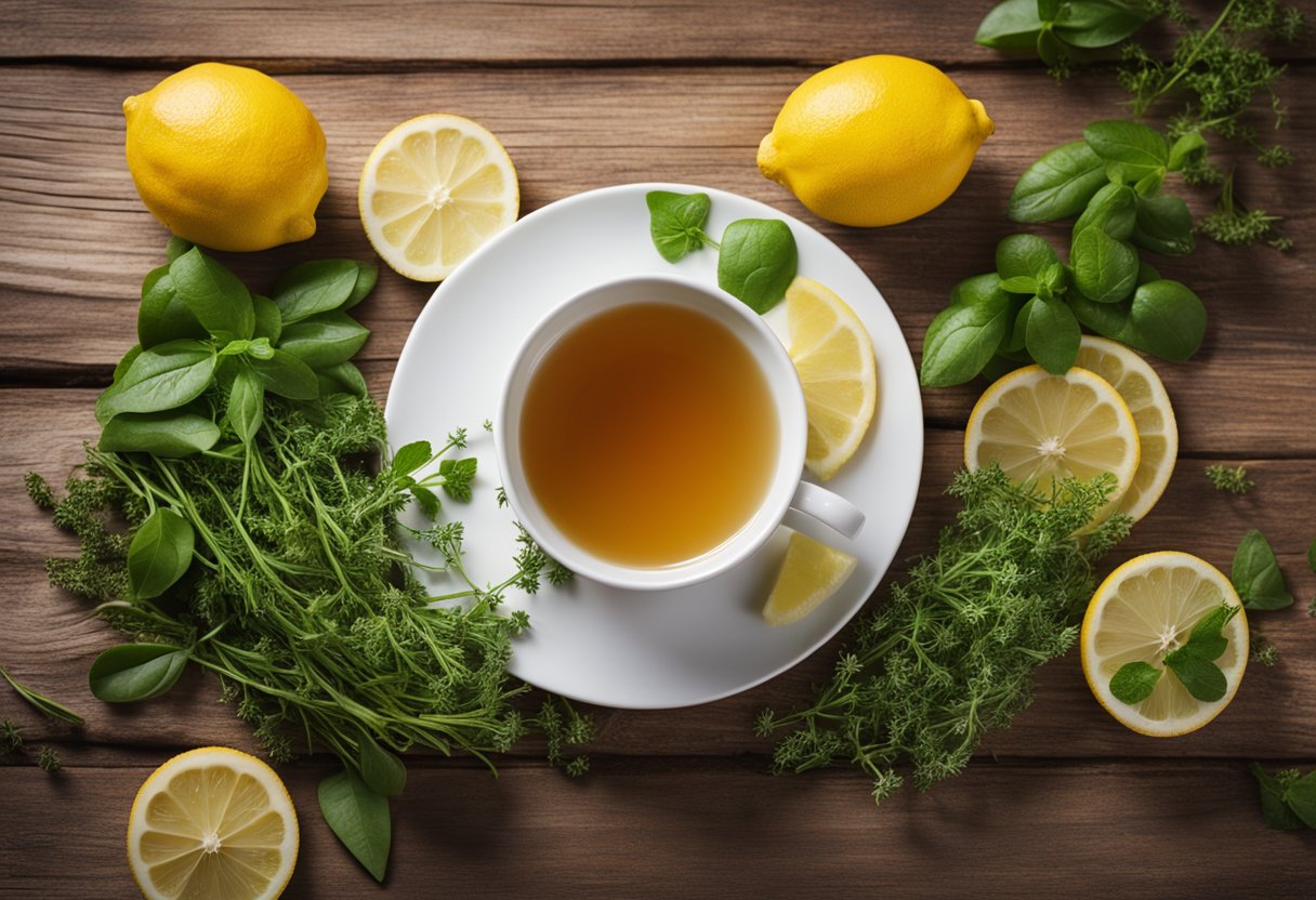 A steaming cup of detox bloating tea surrounded by fresh herbs and a lemon slice on a wooden table