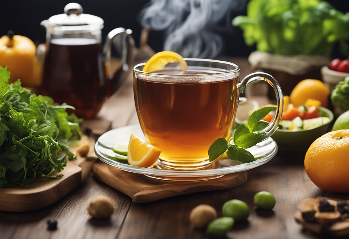 A steaming cup of tea surrounded by fresh fruits and vegetables, with a sense of calm and rejuvenation in the air