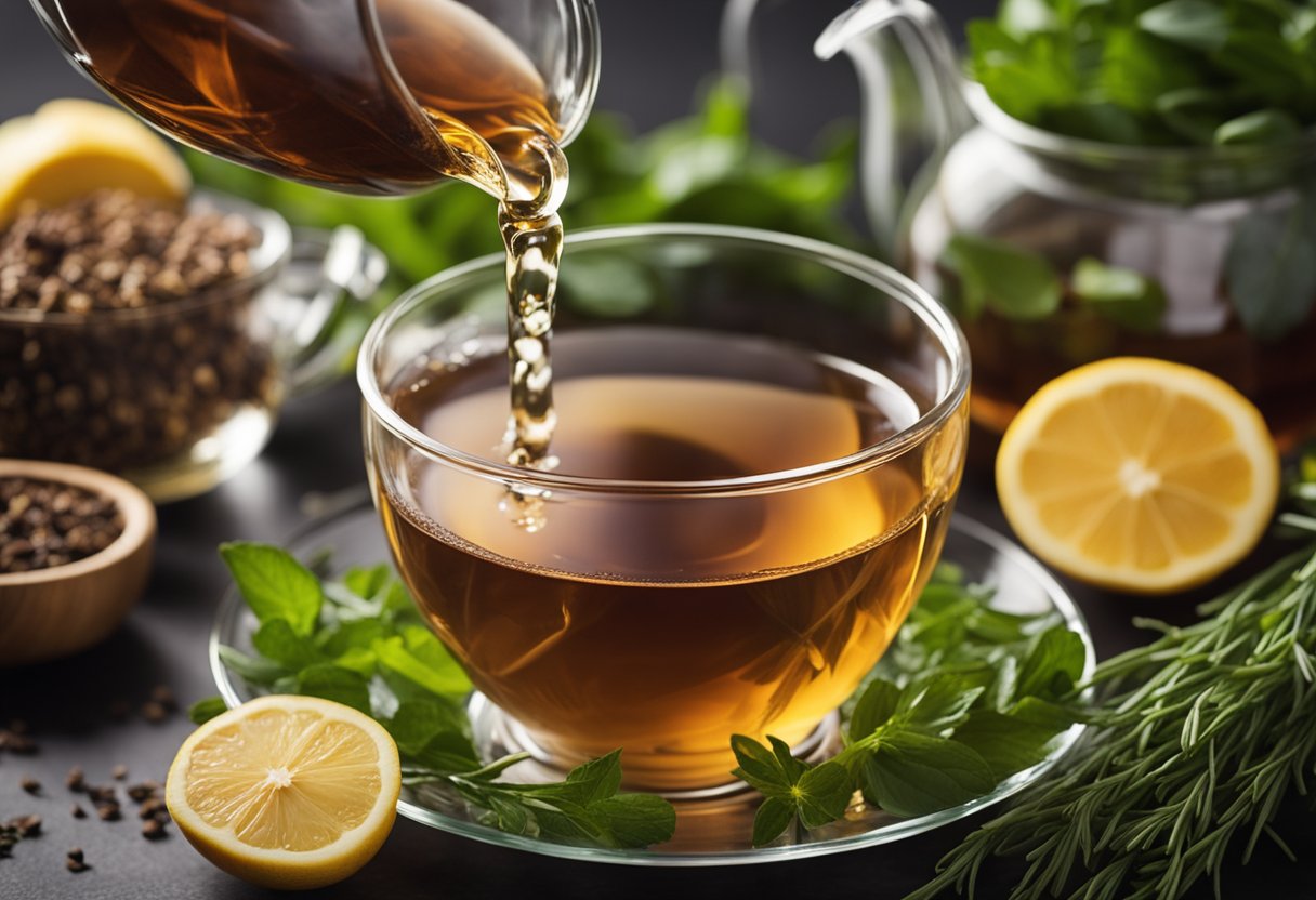 A steaming cup of detox bloating tea surrounded by fresh herbs and ingredients. A clear glass teapot pours the tea into the cup