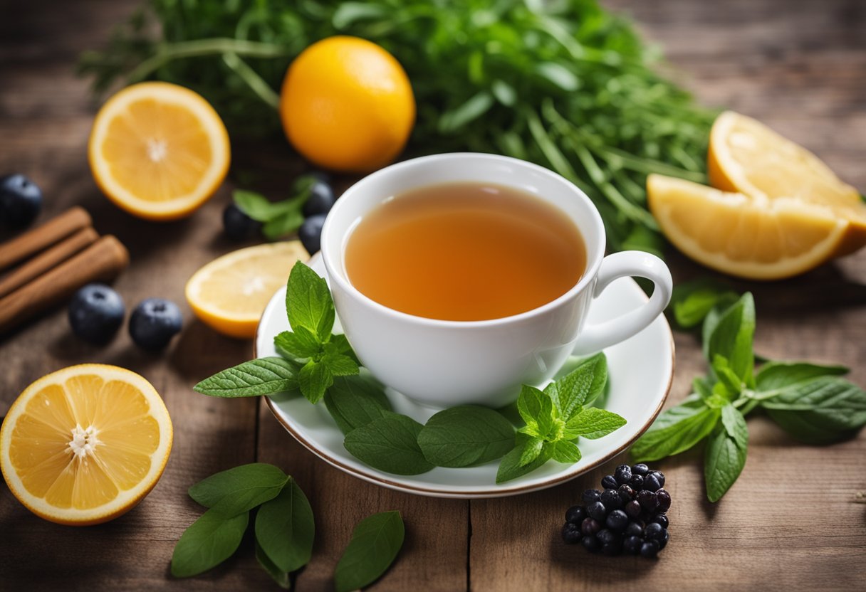 A steaming cup of detox bloating tea surrounded by fresh herbs and fruits on a rustic wooden table