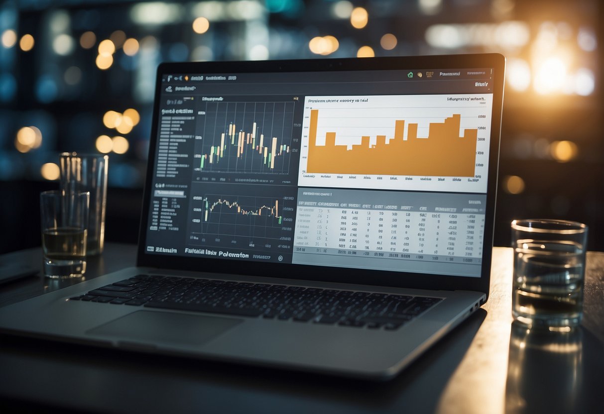 A computer screen shows a chart with rising meme coin values. A person is researching online, surrounded by open tabs and financial data