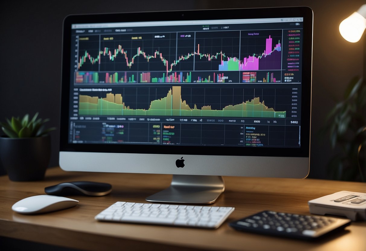 A computer screen displaying various meme coins trading charts and a person analyzing the market trends with charts and graphs spread out on the desk