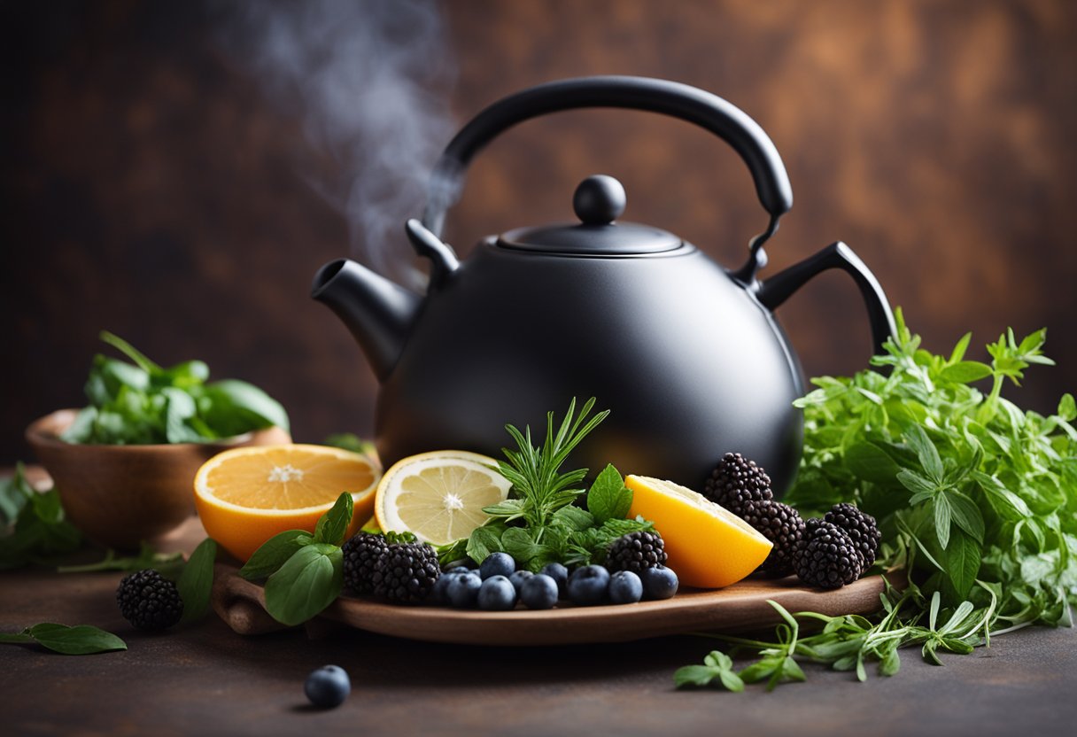 A steaming teapot sits beside a pile of fresh herbs and fruits, with a cup and saucer ready to be filled