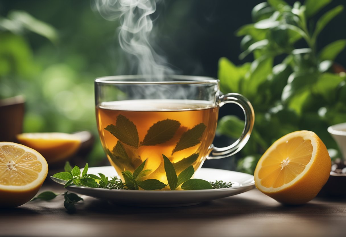 A steaming cup of tea surrounded by fresh herbs and fruit, with a sense of calm and rejuvenation in the air