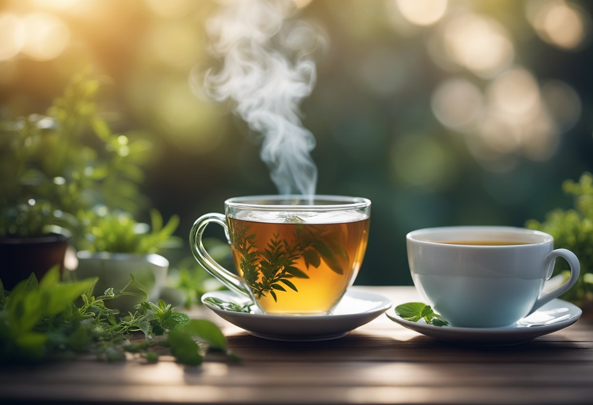 A serene, peaceful setting with a cup of tea surrounded by fresh, vibrant herbs and plants. The steam rises from the tea, creating a sense of relaxation and rejuvenation