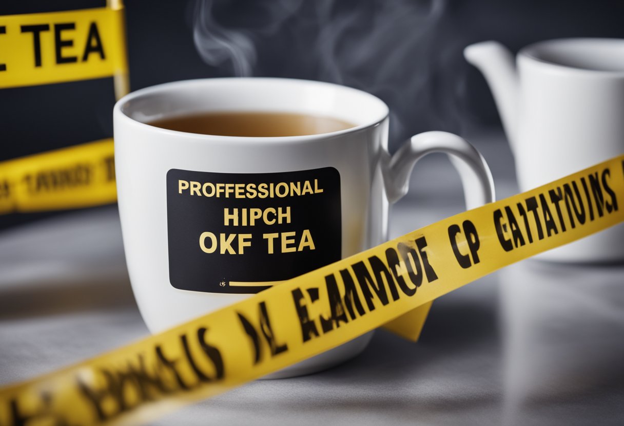 A steaming cup of tea surrounded by warning signs and caution tape