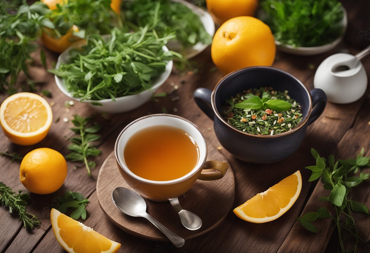 A steaming cup of detox boost tea surrounded by fresh herbs and fruits on a wooden table