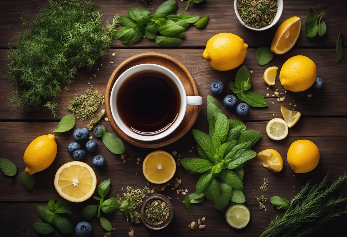 A steaming cup of detox boost tea surrounded by fresh herbs and fruits on a wooden table