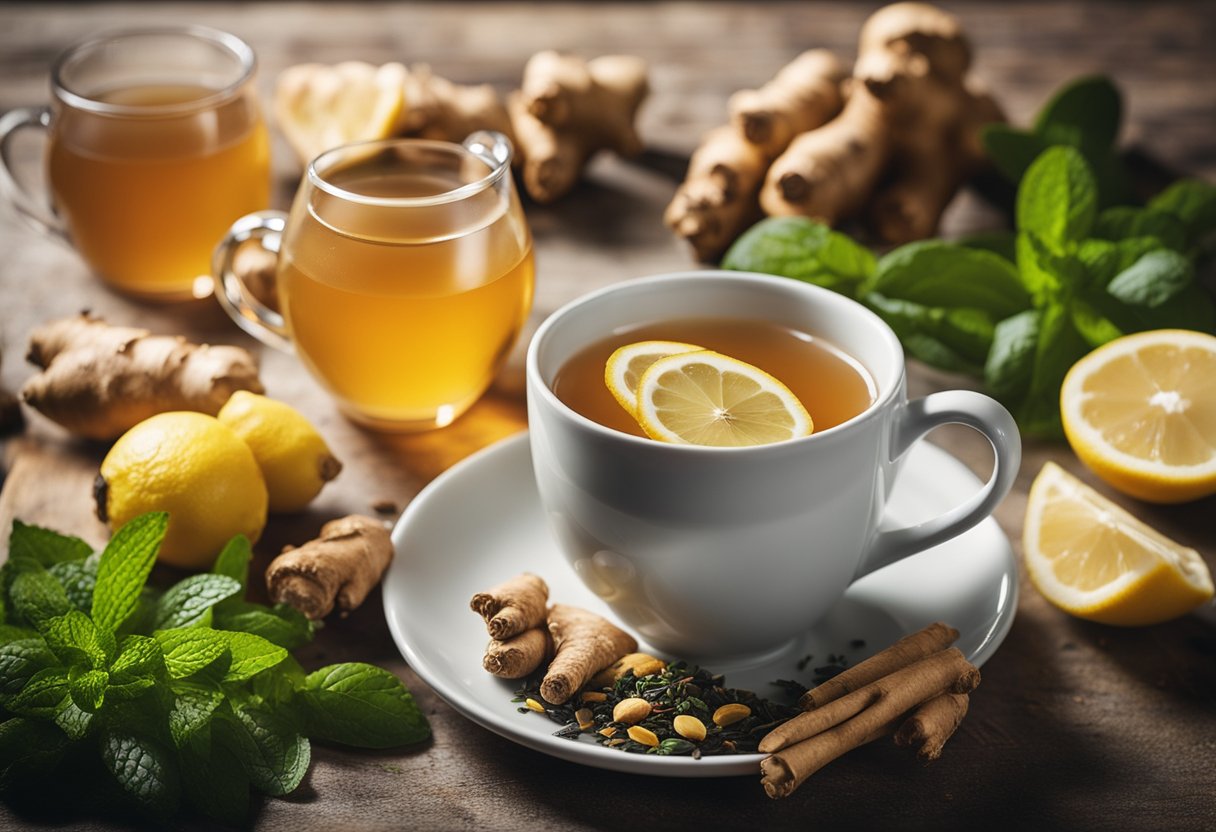 A steaming cup of detox boost tea surrounded by vibrant, fresh ingredients like ginger, lemon, and mint. A sense of rejuvenation and wellness emanates from the scene