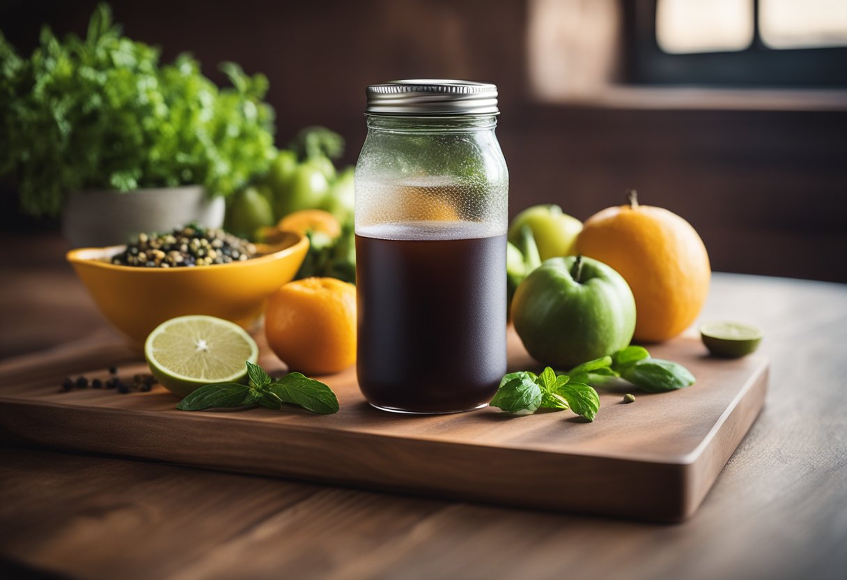 A steaming cup of detox boost tea sits on a wooden table surrounded by fresh fruits and vegetables, a yoga mat, and a water bottle