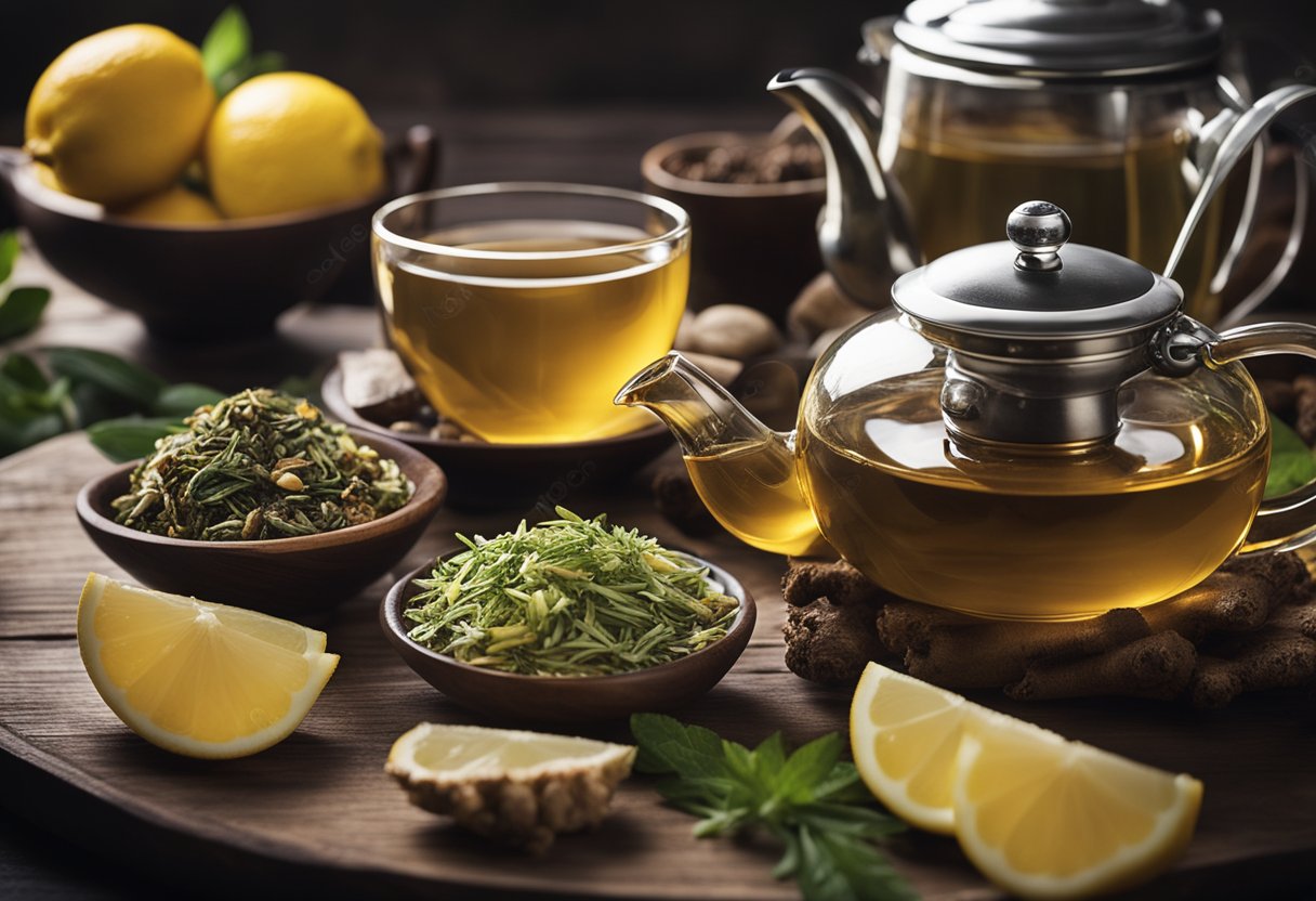 A table with various tea ingredients: ginger, peppermint, fennel, and lemon. A teapot and cups sit nearby