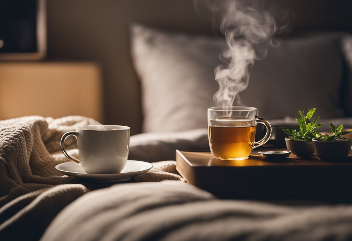 A steaming cup of herbal tea sits on a bedside table, surrounded by a cozy blanket and a dimly lit lamp, creating a soothing atmosphere for a restful night's sleep