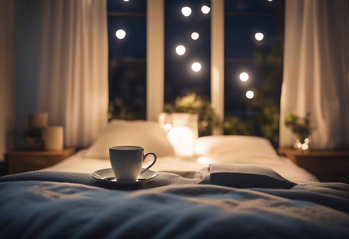 A cozy bedroom with a steaming cup of tea on a bedside table, surrounded by pillows and a soft blanket. Moonlight filters through the window, casting a peaceful glow over the scene