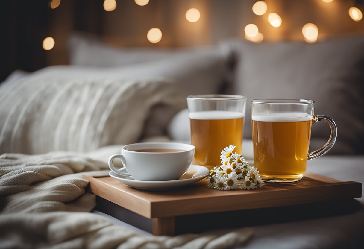 A cozy bedroom with a steaming cup of chamomile tea on a bedside table, surrounded by soft pillows and a warm blanket