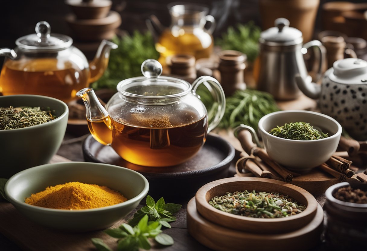 A table displays various herbs, spices, and teapots. Steam rises from a simmering pot of detox tea. Ingredients are arranged neatly with recipe cards