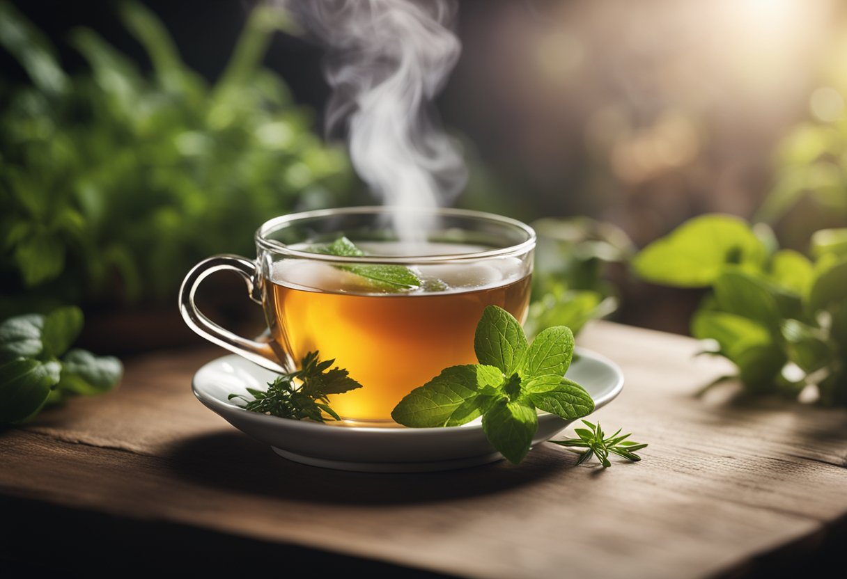 A steaming cup of detoxification tea surrounded by fresh herbs and ingredients, with a gentle wisp of steam rising from the surface