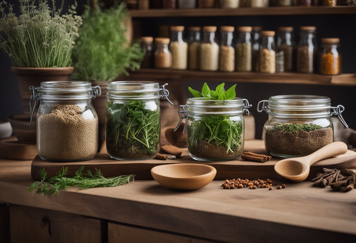 A hand reaches for fresh herbs and spices on a wooden shelf, next to jars of dried flowers and roots. A mortar and pestle sits ready for use on the countertop