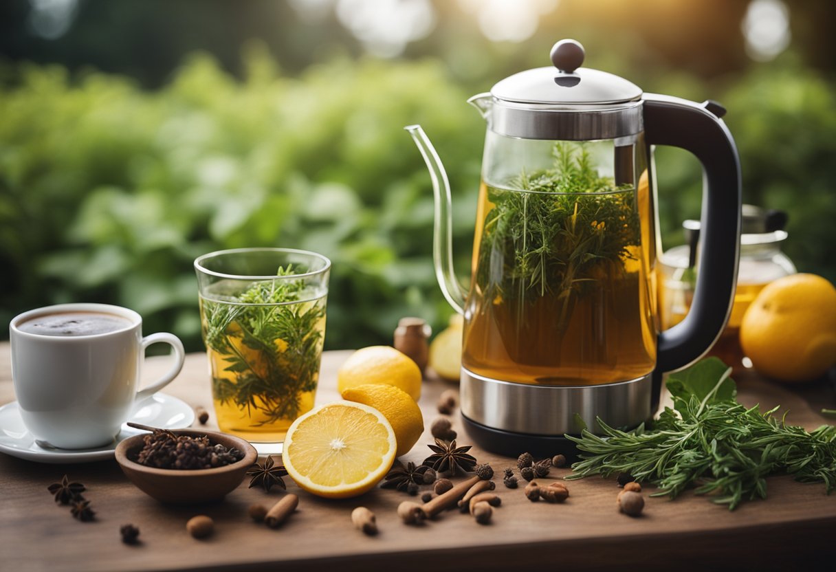 A table with assorted herbs, fruits, and spices, a kettle brewing, and a steaming cup of detox tea surrounded by a peaceful, natural setting