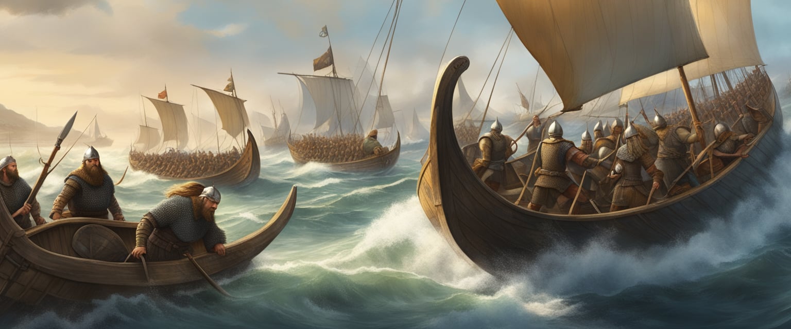 Viking warriors sailing on longships, wielding axes and shields, raiding coastal villages, and trading goods in bustling marketplaces