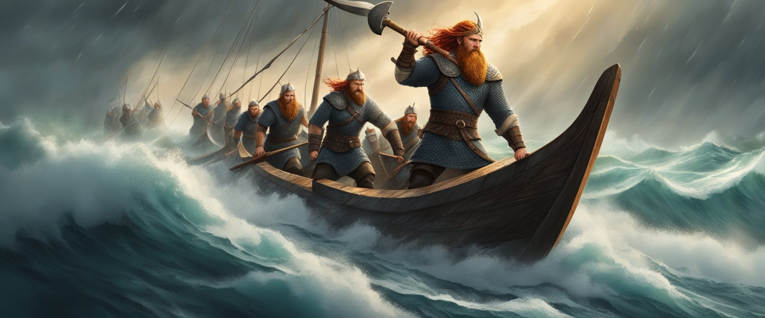 Viking warriors sailing on longships through stormy seas, wielding axes and shields, with fierce expressions and flowing red hair