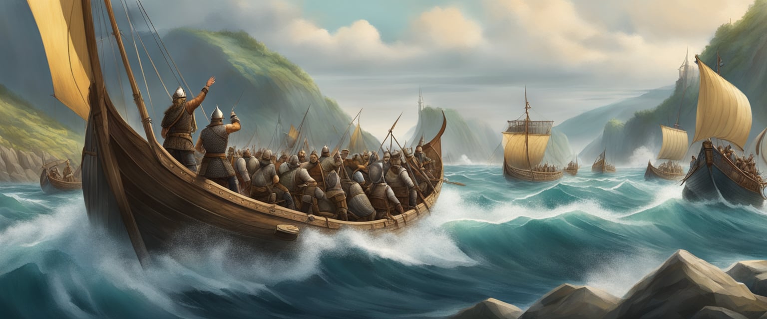 Fierce Viking warriors sailing longships, raiding coastal villages, and embarking on daring expeditions