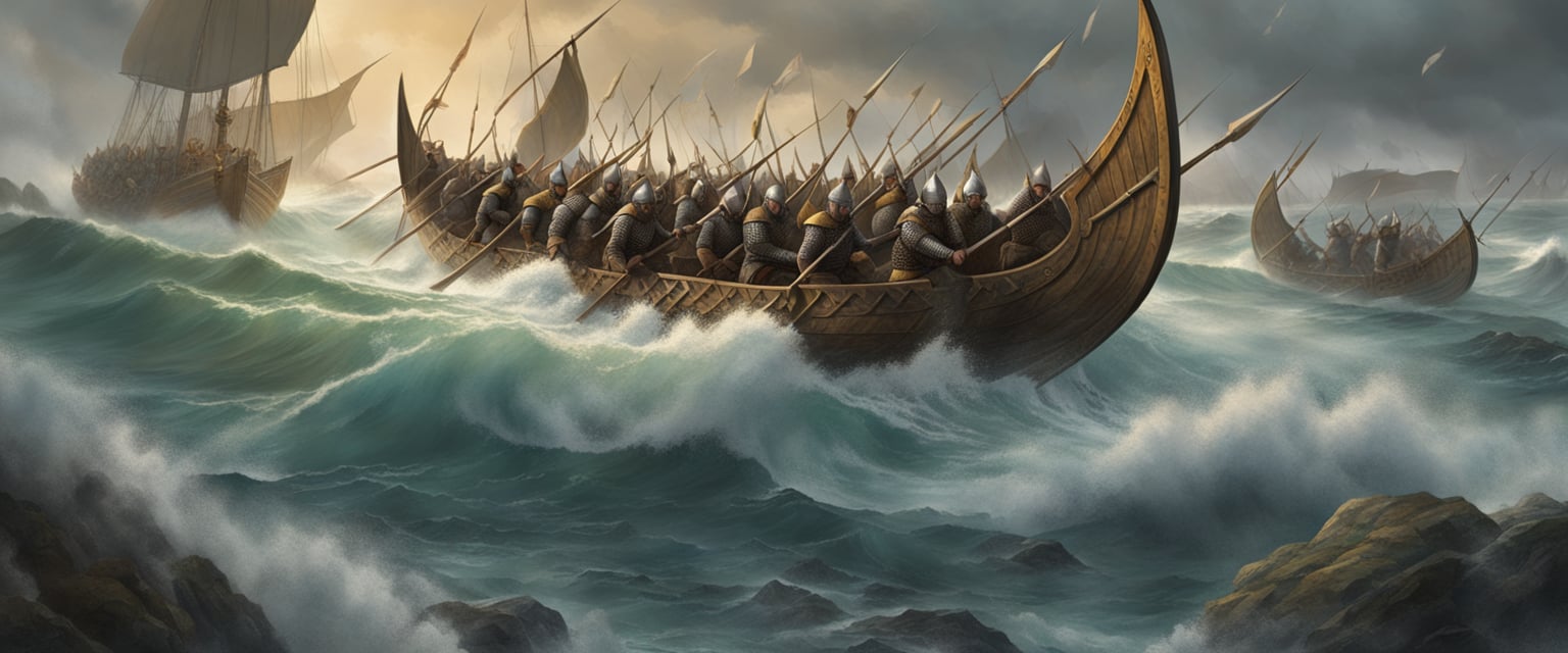 Viking warriors charging into battle with shields and axes, flanked by longboats and a rugged, stormy coastline