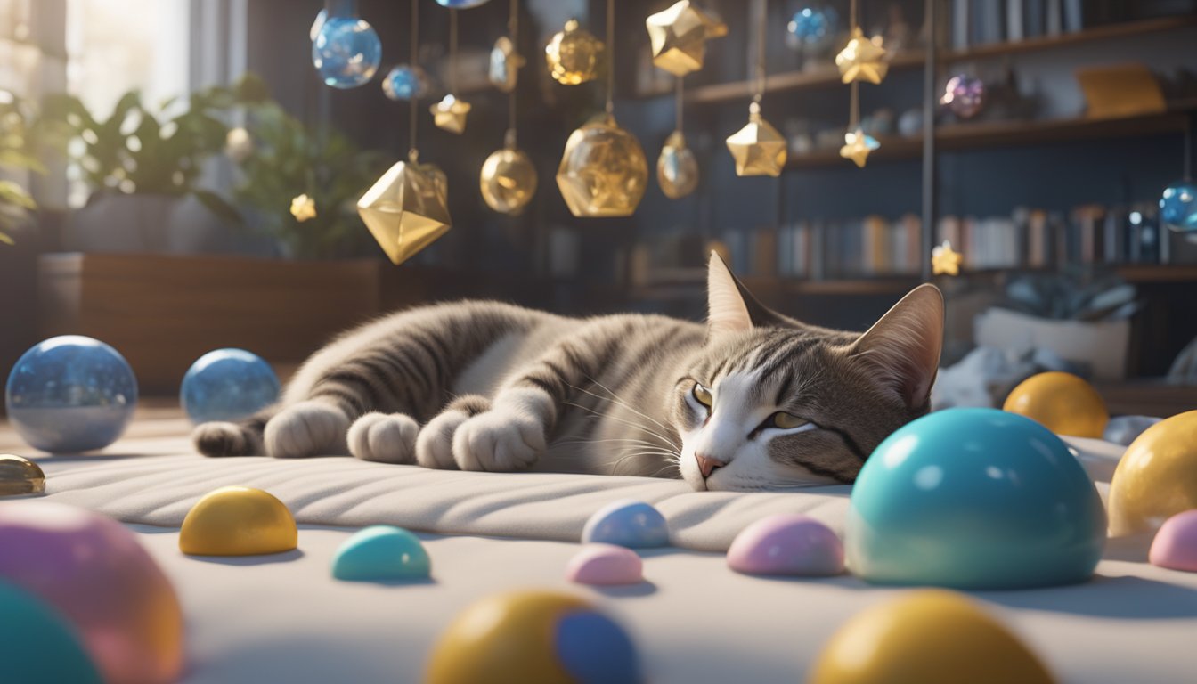 A cat sleeping peacefully, surrounded by various dream symbols floating above its head