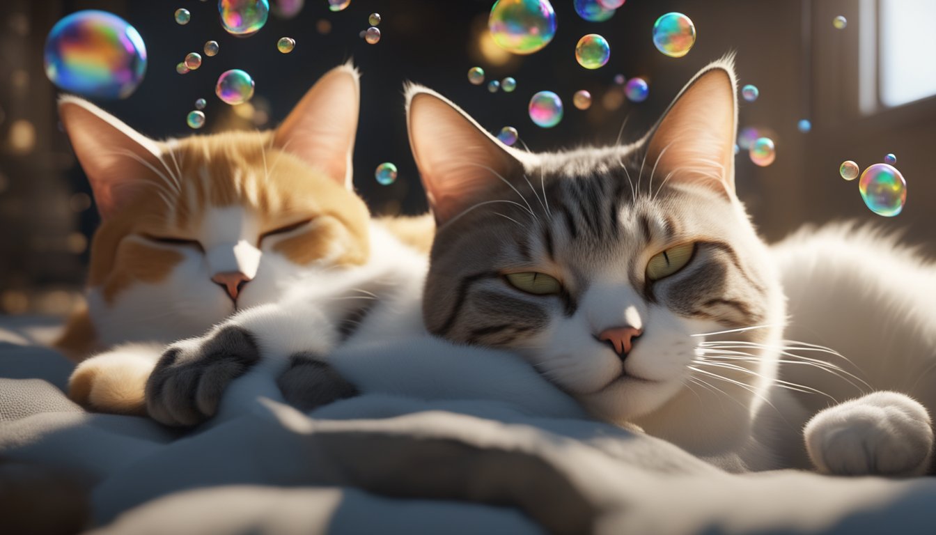 A variety of cats sleeping and dreaming, with dream bubbles showing different symbols and meanings