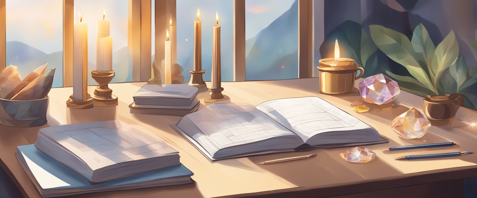 A table with crystals, candles, and a vision board. A journal and pen are nearby. The room is filled with natural light and peaceful energy